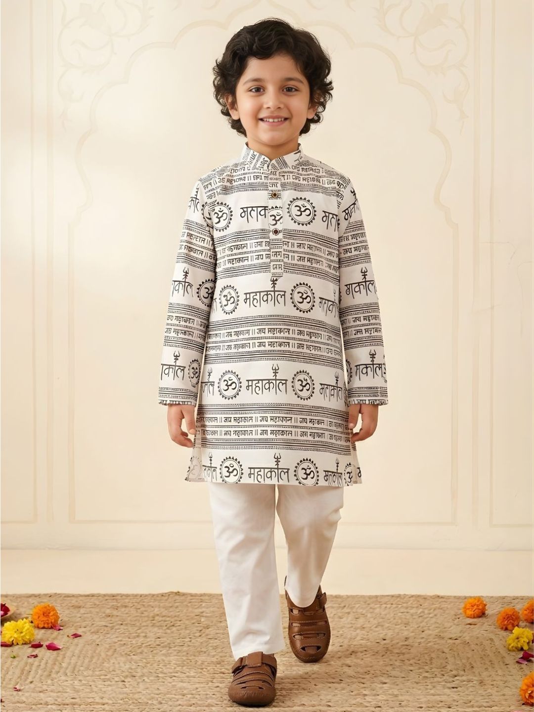 Boys White Cotton Full sleeves Om Mahakal Printed Kurta Pyjama Set