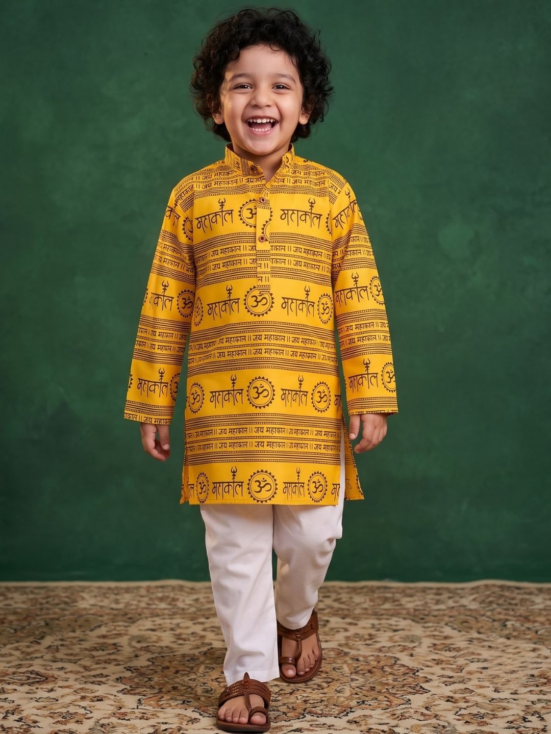 Boys Yellow Cotton Full sleeves Om Mahakal Printed Kurta Pyjama Set