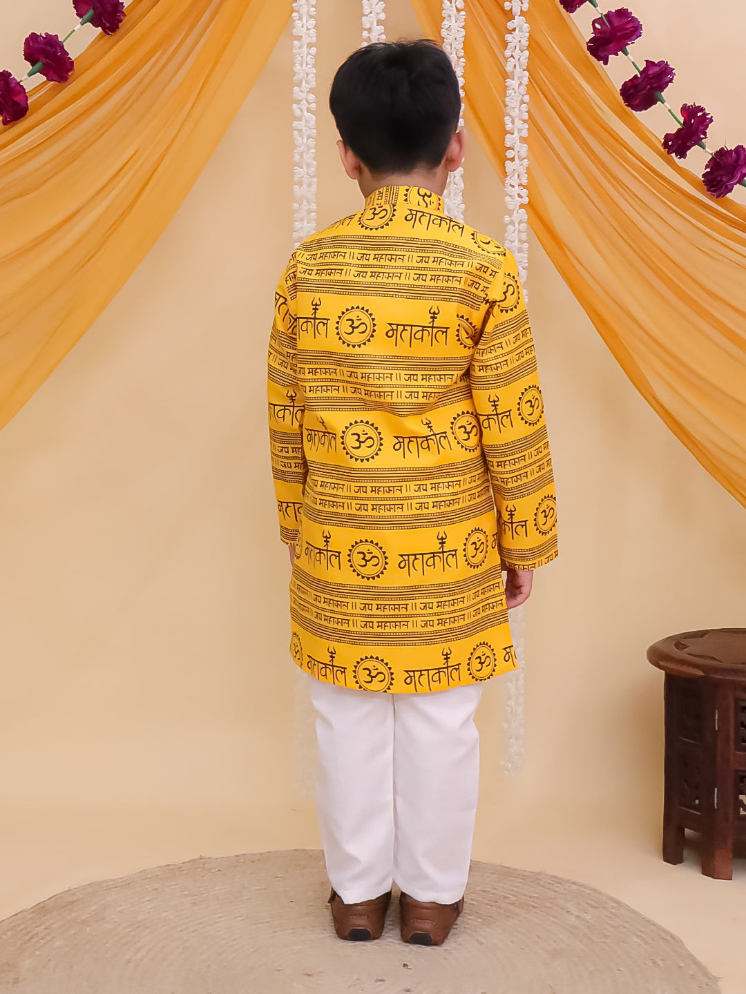 Boys Yellow Cotton Full sleeves Om Mahakal Printed Kurta Pyjama Set