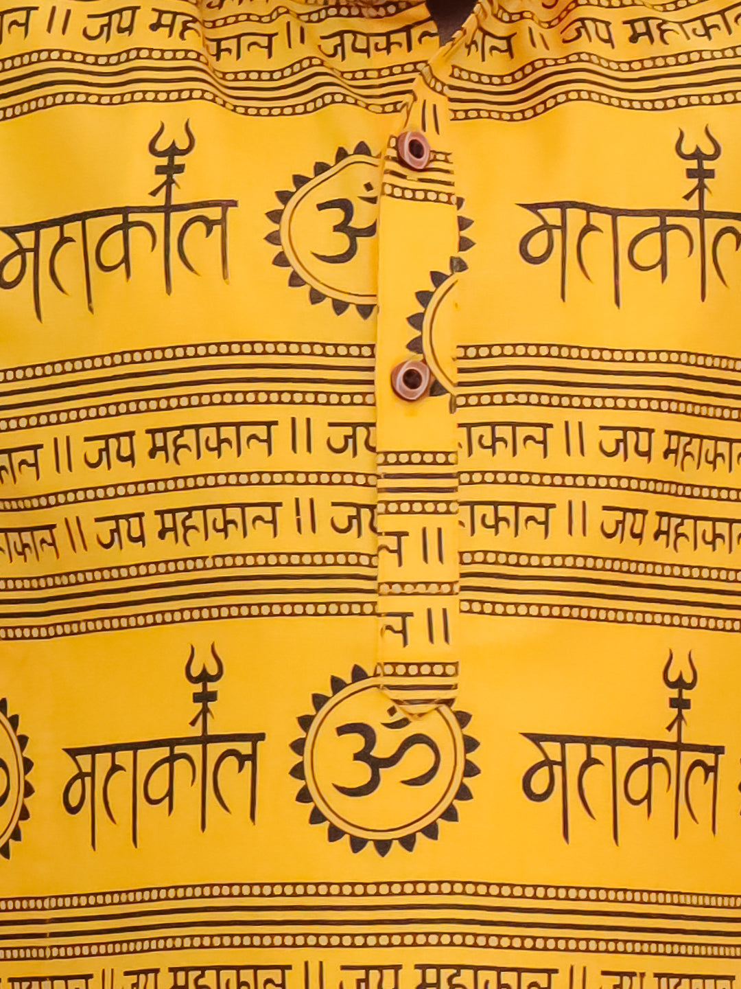 Boys Yellow Cotton Full sleeves Om Mahakal Printed Kurta Pyjama Set