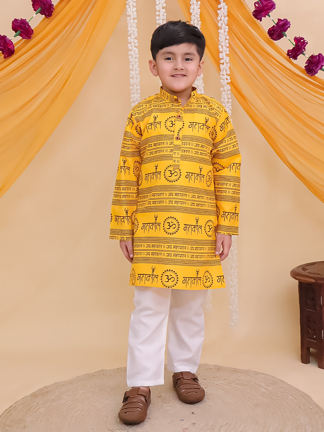Boys Yellow Cotton Full sleeves Om Mahakal Printed Kurta Pyjama Set