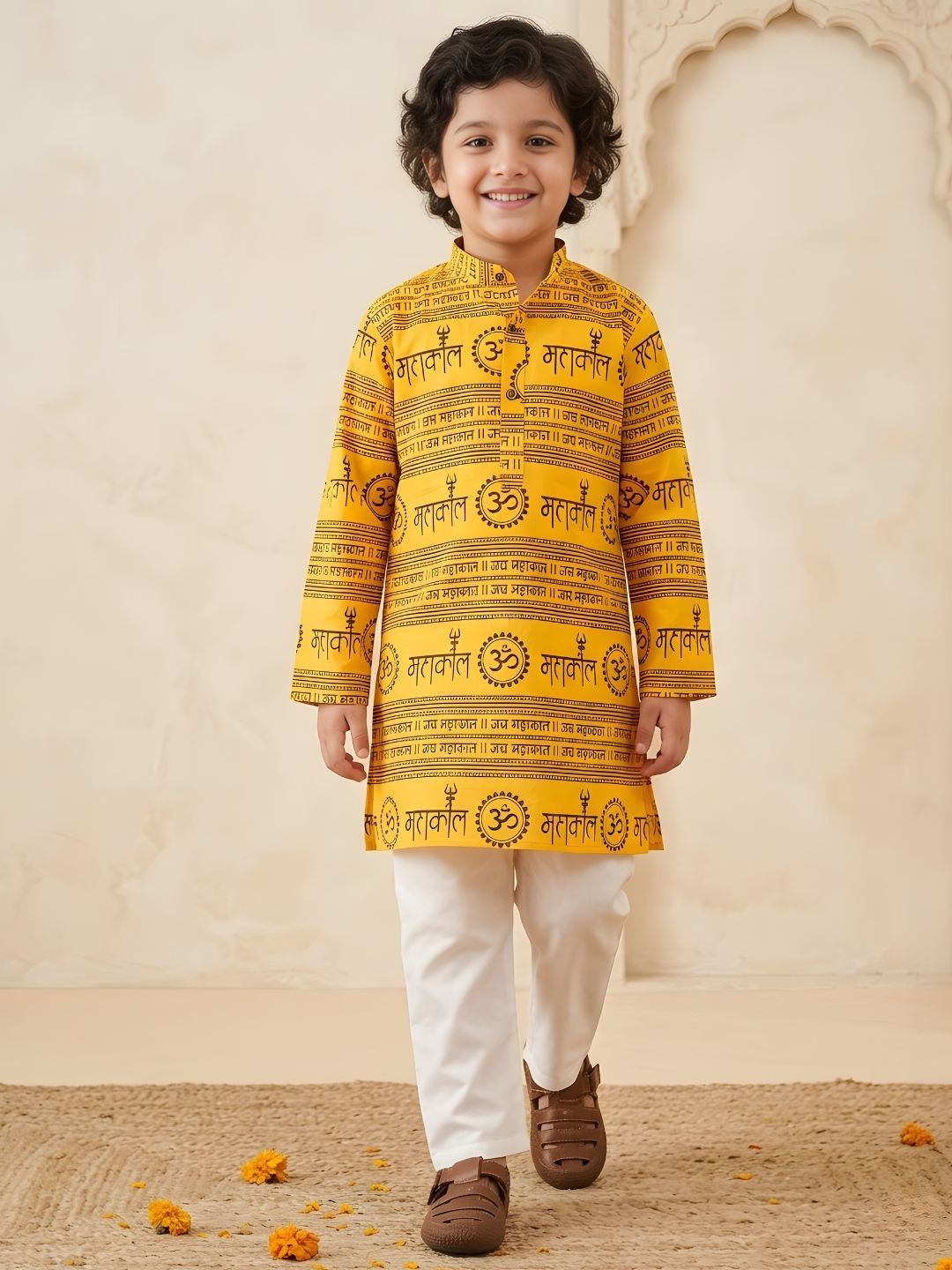 Boys Yellow Cotton Full sleeves Om Mahakal Printed Kurta Pyjama Set