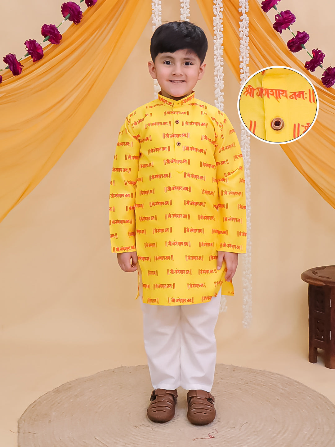 Boys Yellow Cotton Full sleeves Shri Ganesh Printed Kurta Pyjama Set