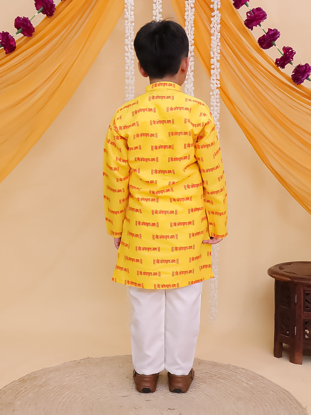 Boys Yellow Cotton Full sleeves Shri Ganesh Printed Kurta Pyjama Set