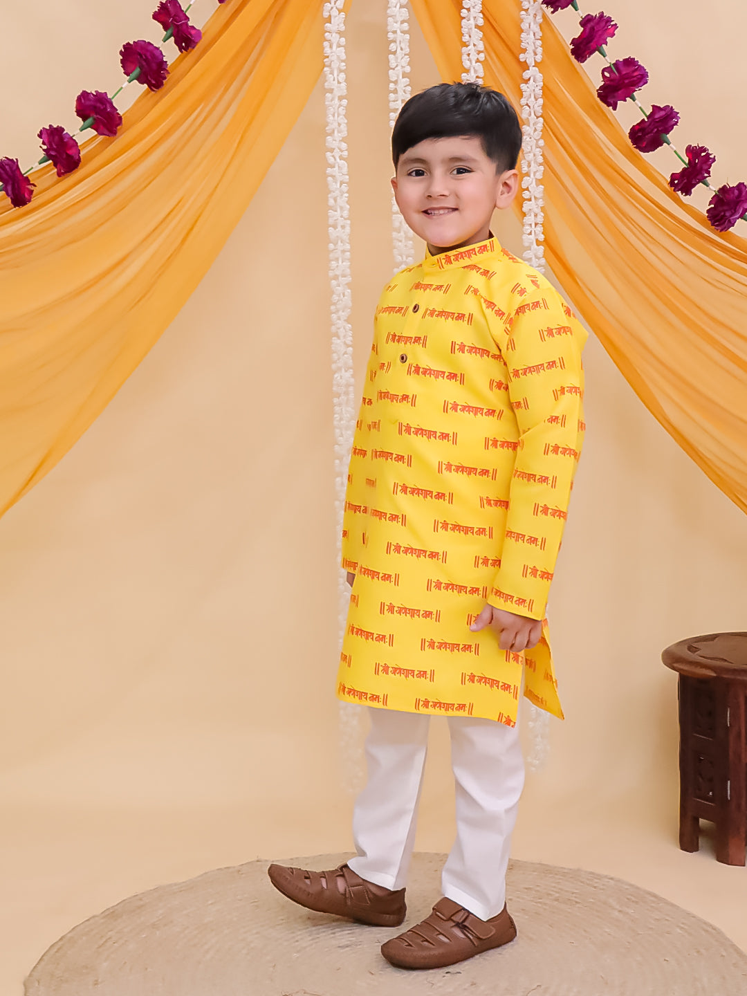 Boys Yellow Cotton Full sleeves Shri Ganesh Printed Kurta Pyjama Set