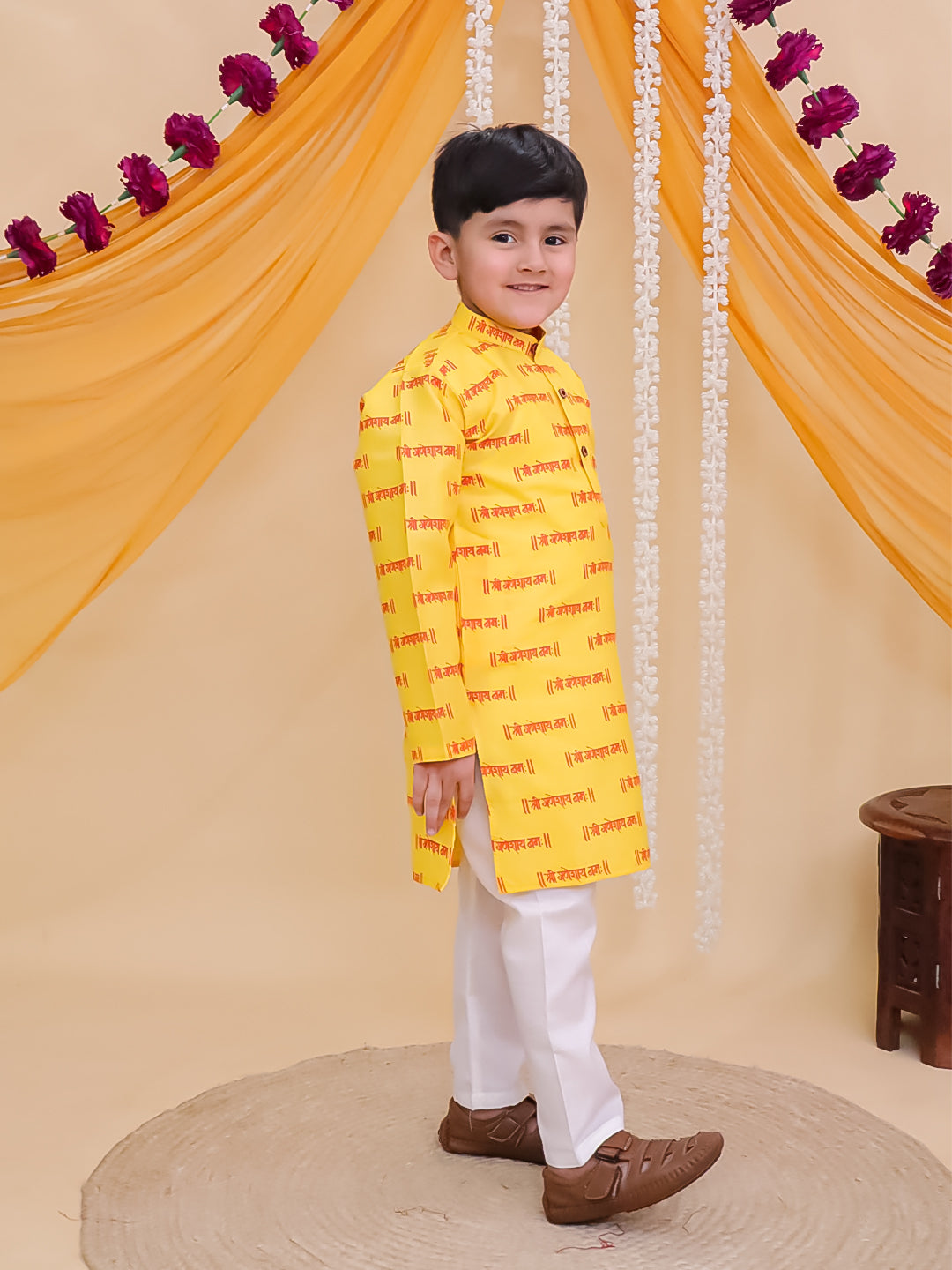 Boys Yellow Cotton Full sleeves Shri Ganesh Printed Kurta Pyjama Set