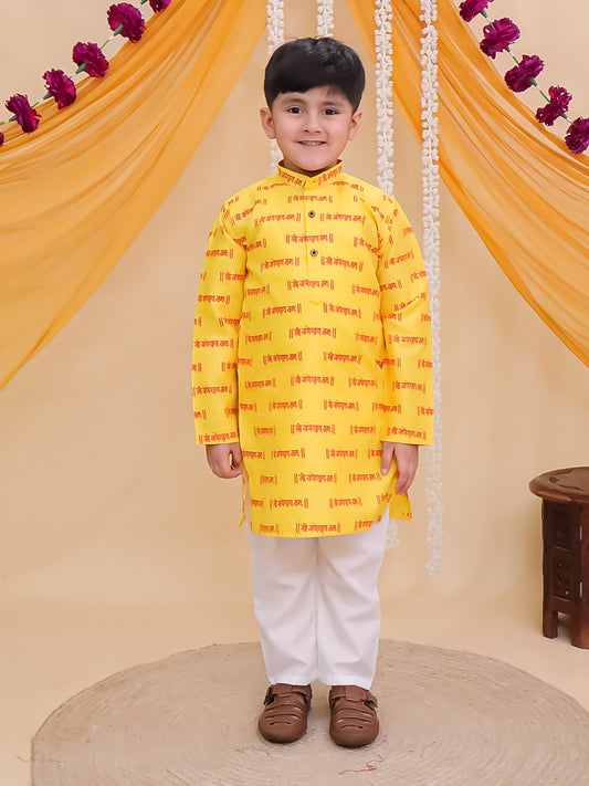 Boys Yellow Cotton Full sleeves Shri Ganesh Printed Kurta Pyjama Set