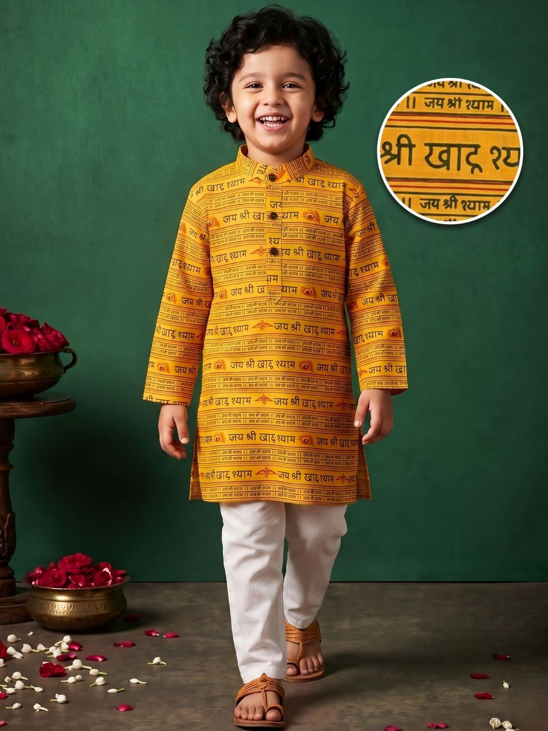 Boys Yellow Cotton Full sleeves Shri Syaam Printed Kurta Pyjama Set