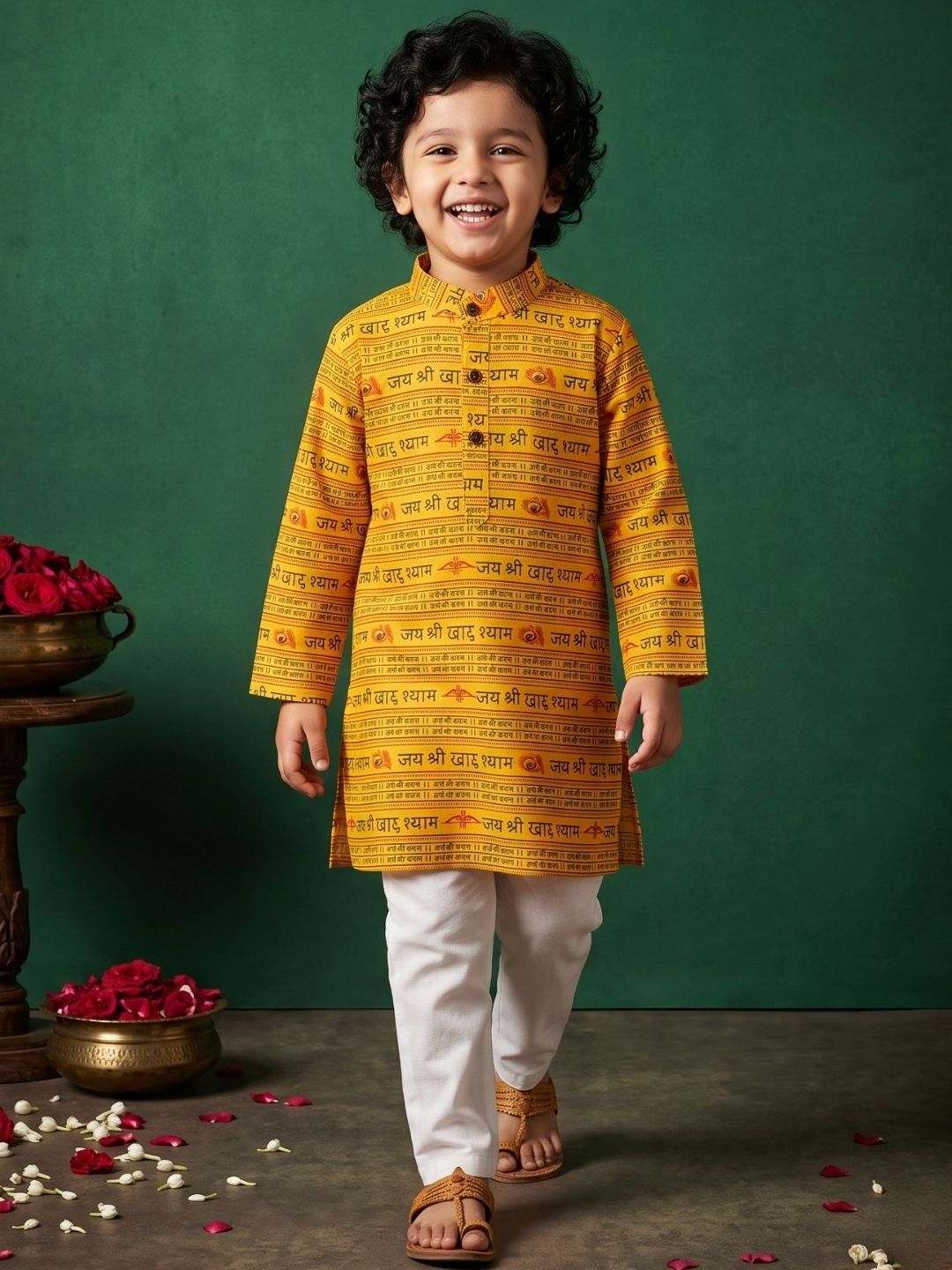 Boys Yellow Cotton Full sleeves Shri Syaam Printed Kurta Pyjama Set