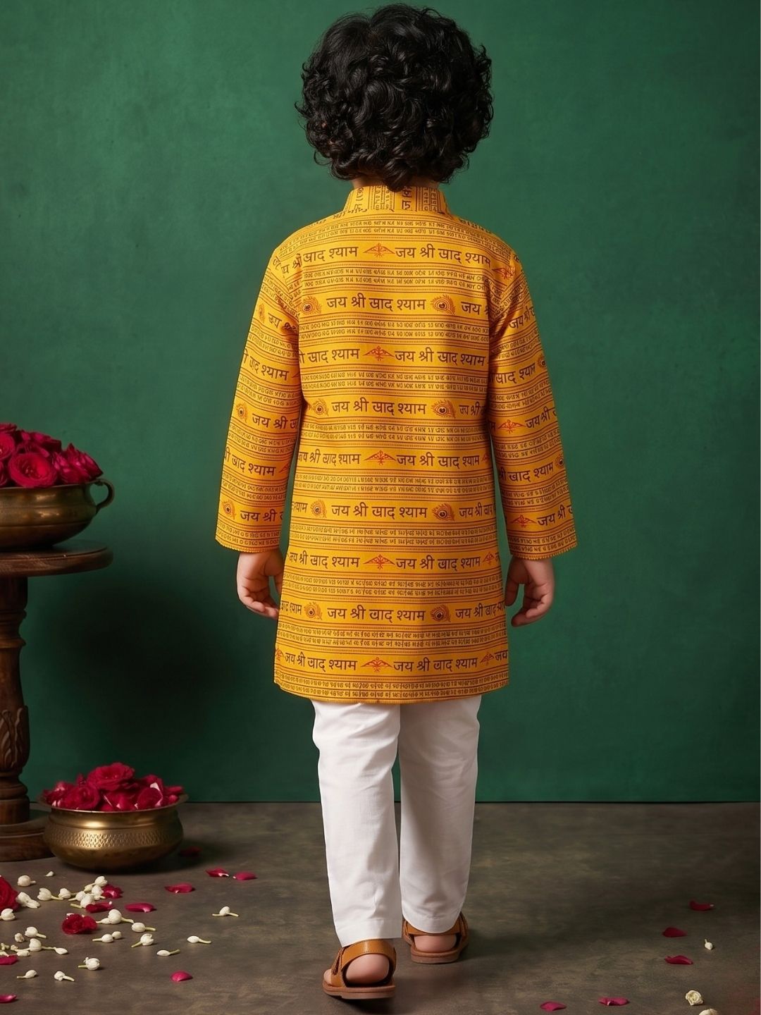 Boys Yellow Cotton Full sleeves Shri Syaam Printed Kurta Pyjama Set