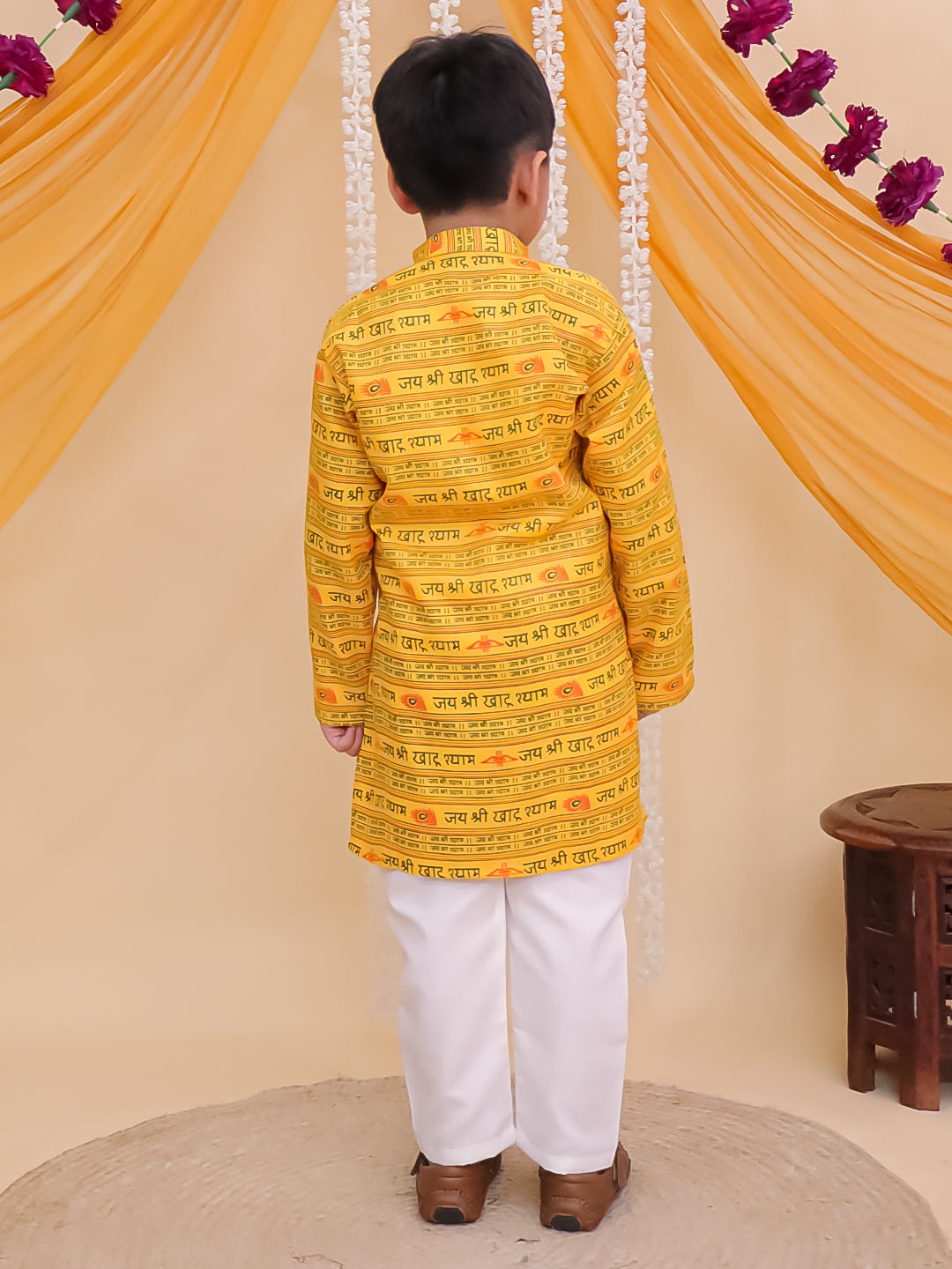 Boys Yellow Cotton Full sleeves Shri Syaam Printed Kurta Pyjama Set