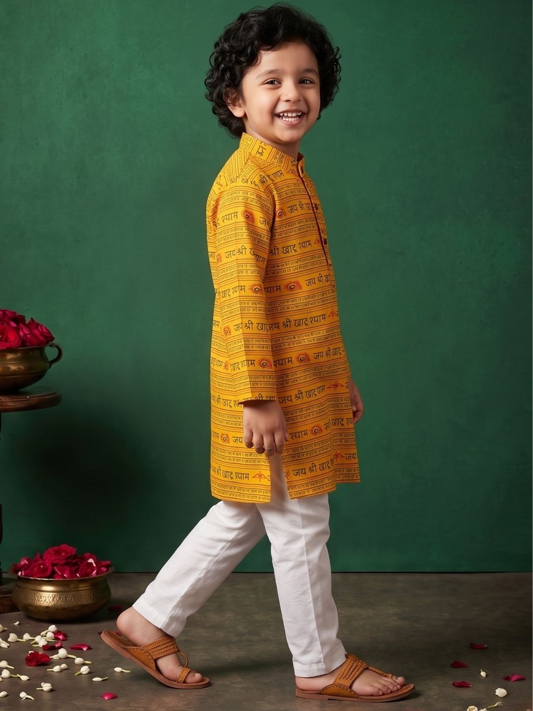 Boys Yellow Cotton Full sleeves Shri Syaam Printed Kurta Pyjama Set