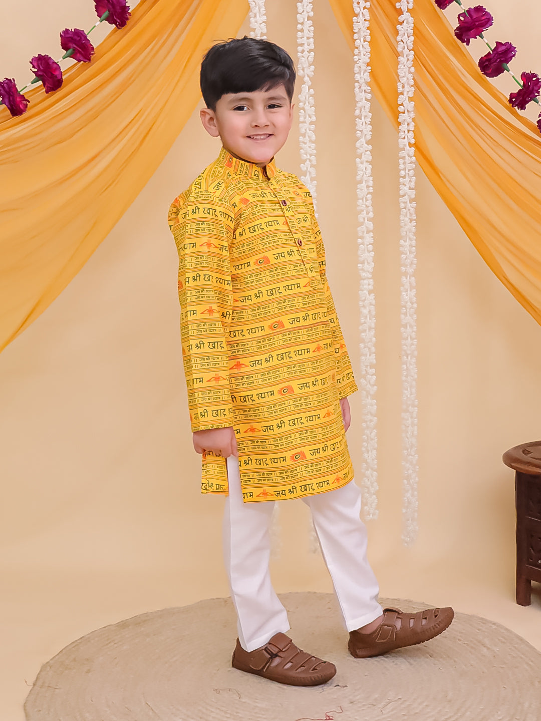 Boys Yellow Cotton Full sleeves Shri Syaam Printed Kurta Pyjama Set