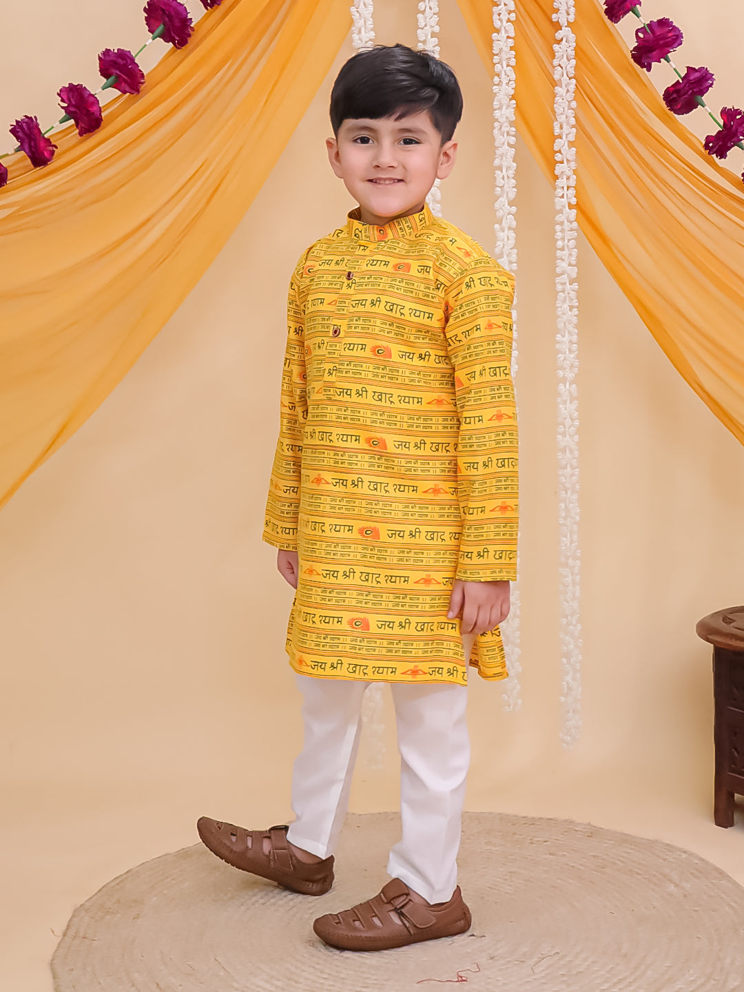 Boys Yellow Cotton Full sleeves Shri Syaam Printed Kurta Pyjama Set
