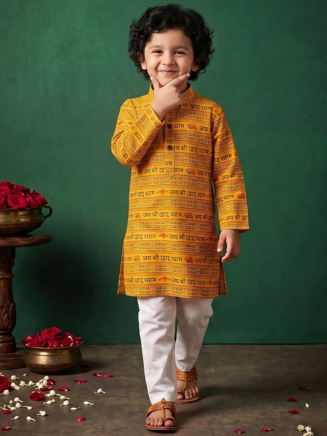 Boys Yellow Cotton Full sleeves Shri Syaam Printed Kurta Pyjama Set