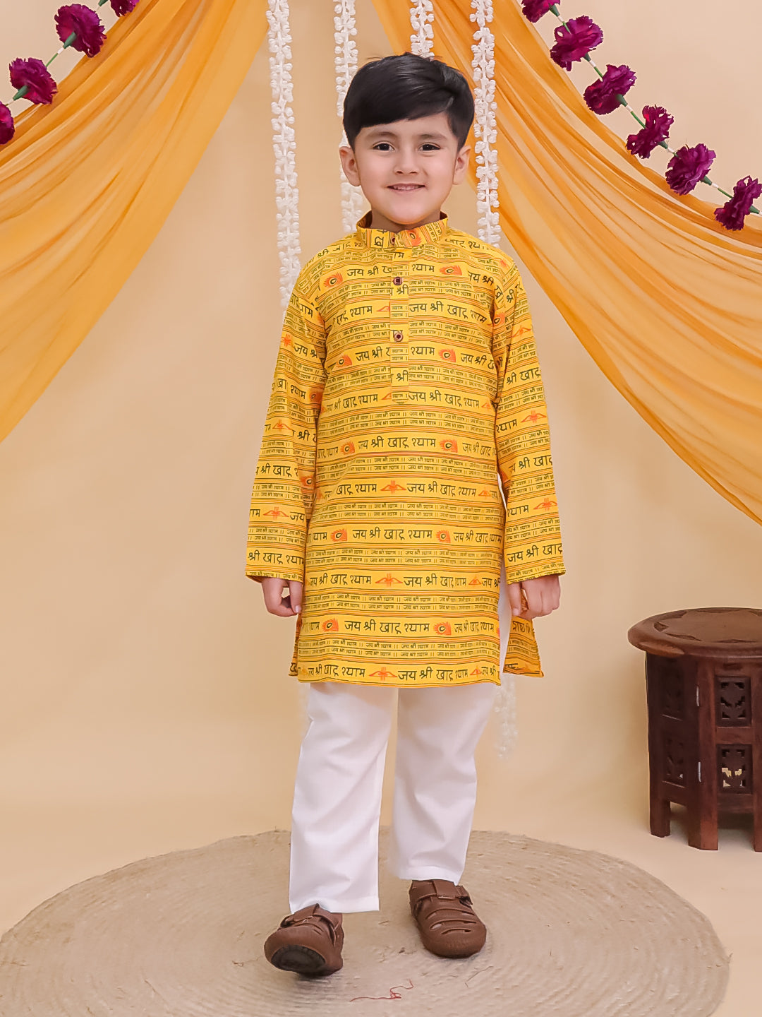 Boys Yellow Cotton Full sleeves Shri Syaam Printed Kurta Pyjama Set