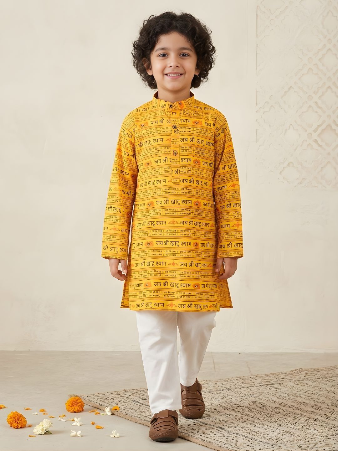 Boys Yellow Cotton Full sleeves Shri Syaam Printed Kurta Pyjama Set