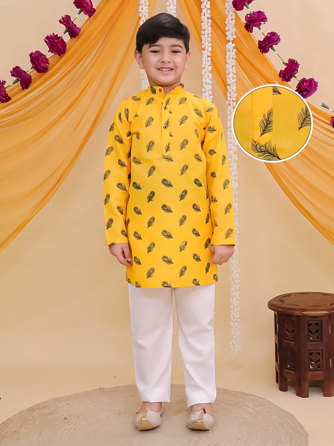 Yellow Cotton Full sleeves Krishna Mor Pankh Printed Kurta Pyjama Set