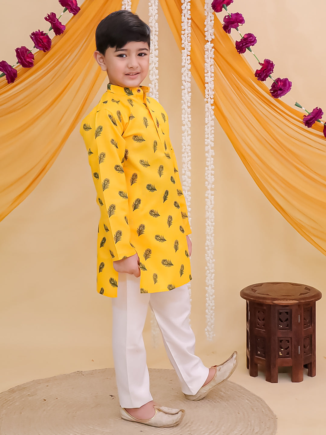 Yellow Cotton Full sleeves Krishna Mor Pankh Printed Kurta Pyjama Set