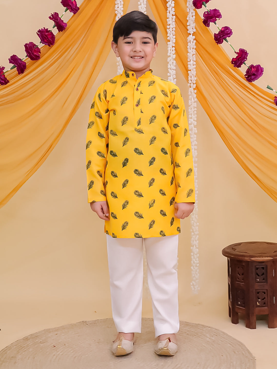 Yellow Cotton Full sleeves Krishna Mor Pankh Printed Kurta Pyjama Set