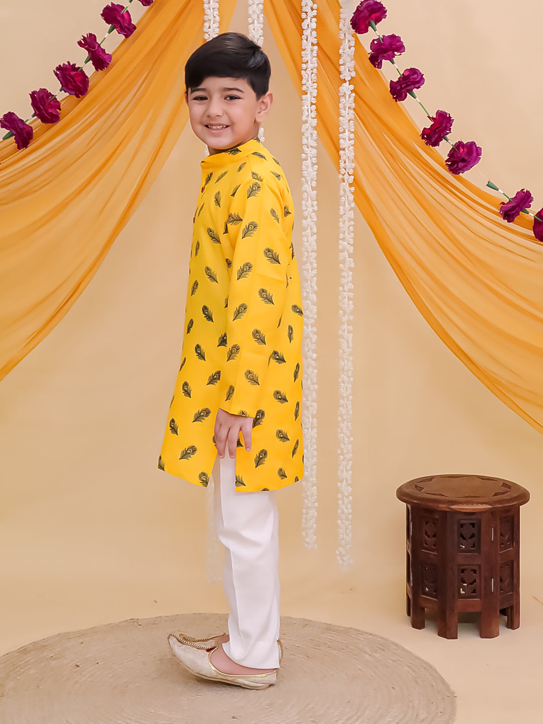 Yellow Cotton Full sleeves Krishna Mor Pankh Printed Kurta Pyjama Set