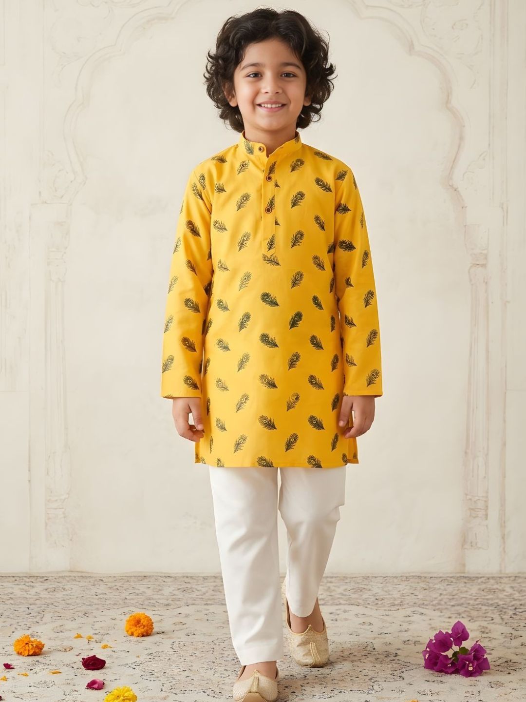 Yellow Cotton Full sleeves Krishna Mor Pankh Printed Kurta Pyjama Set