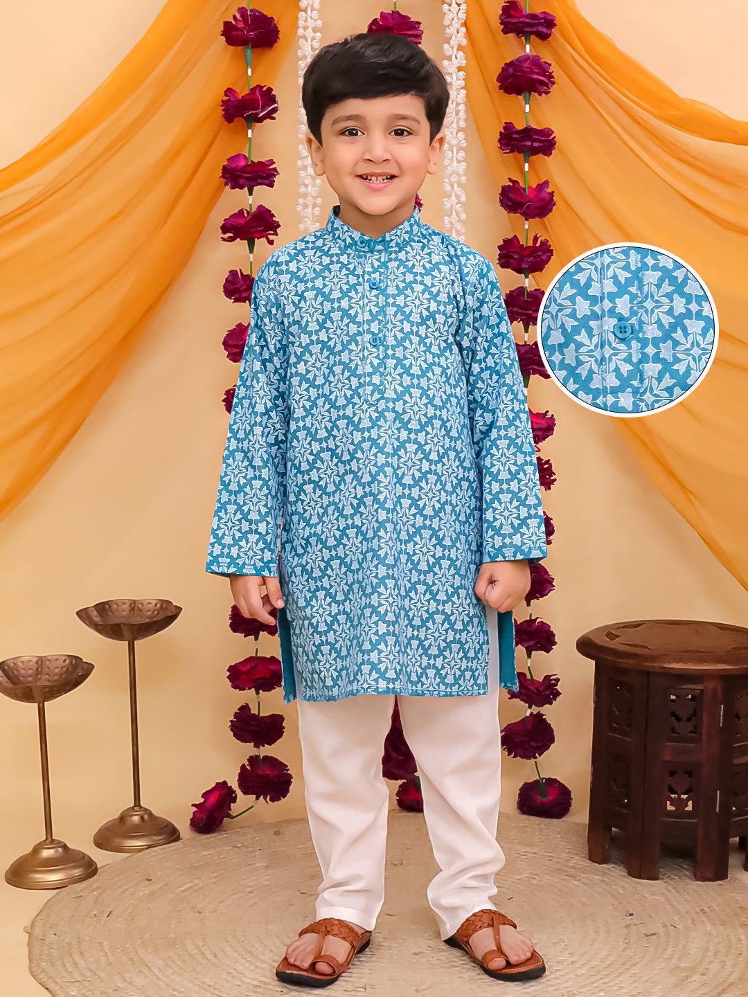 Boys Blue Cotton Full sleeves Printed Kurta Pyjama Set