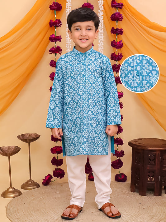 Boys Blue Cotton Full sleeves Printed Kurta Pyjama Set
