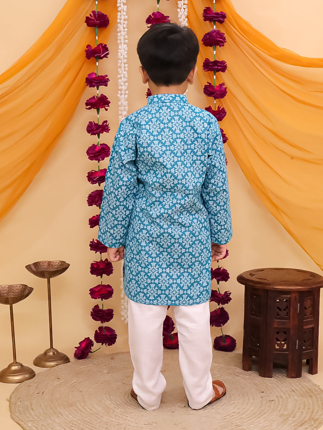 Boys Blue Cotton Full sleeves Printed Kurta Pyjama Set