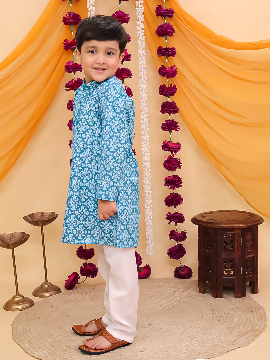 Boys Blue Cotton Full sleeves Printed Kurta Pyjama Set