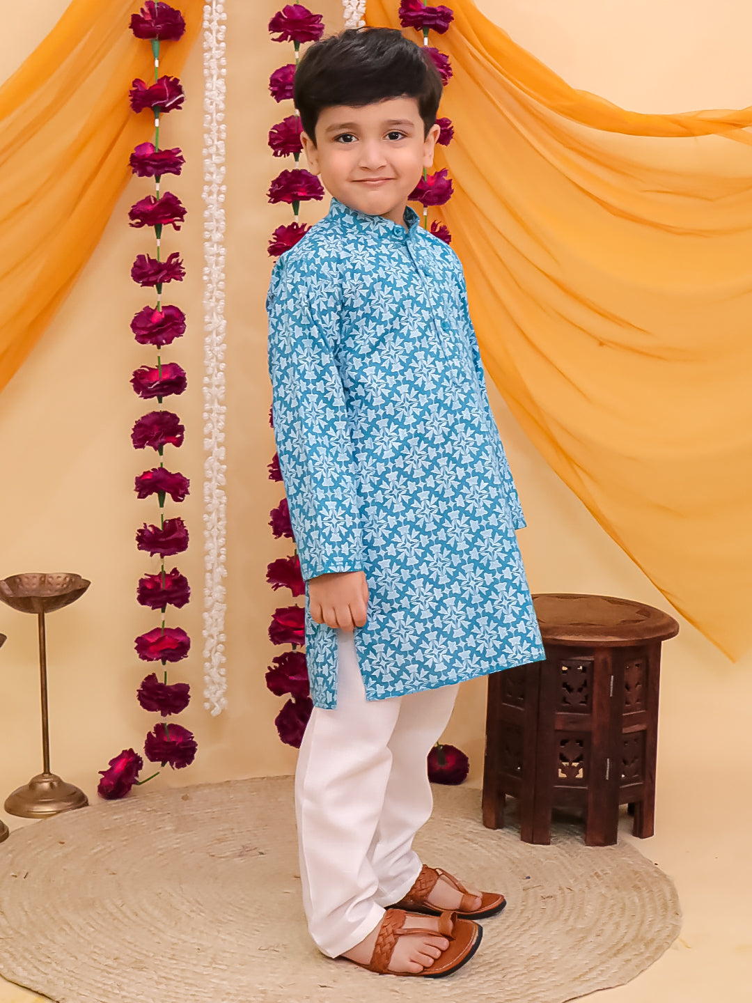 Boys Blue Cotton Full sleeves Printed Kurta Pyjama Set
