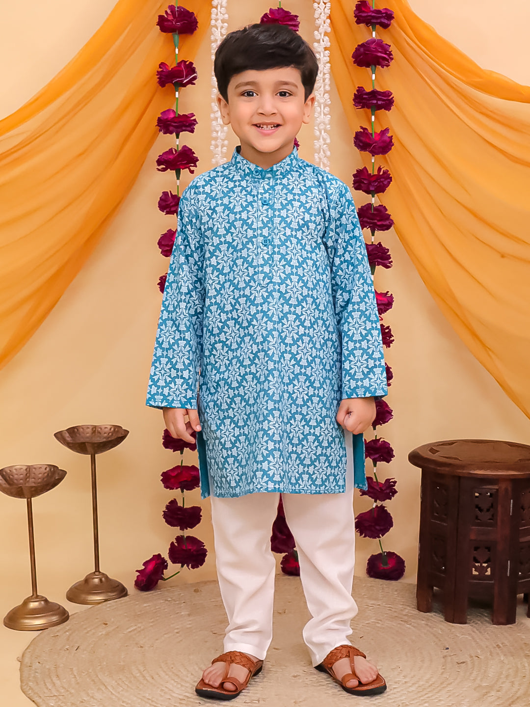 Boys Blue Cotton Full sleeves Printed Kurta Pyjama Set