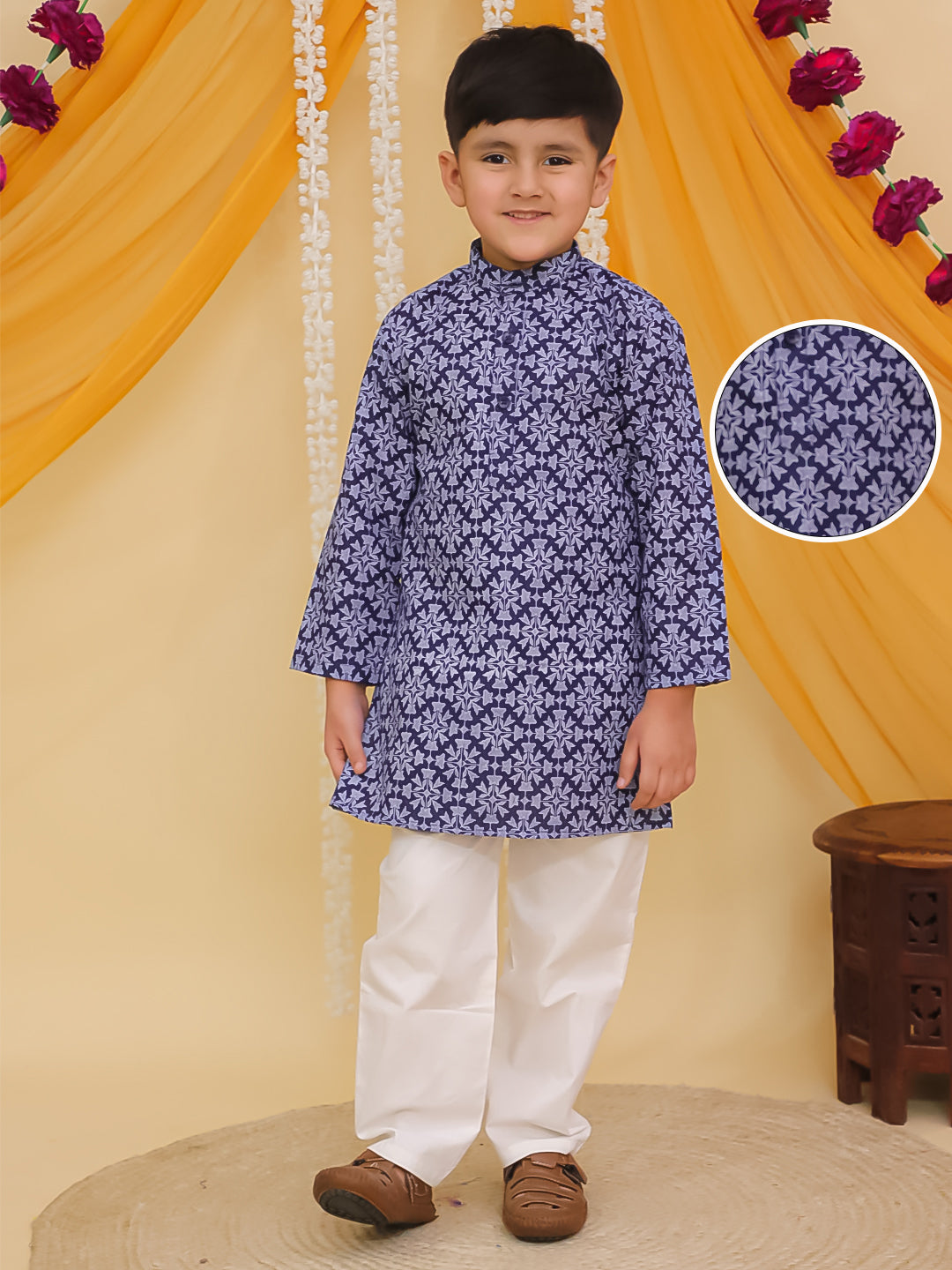 Boys Dark Blue Cotton Full sleeves Printed Kurta Pyjama Set