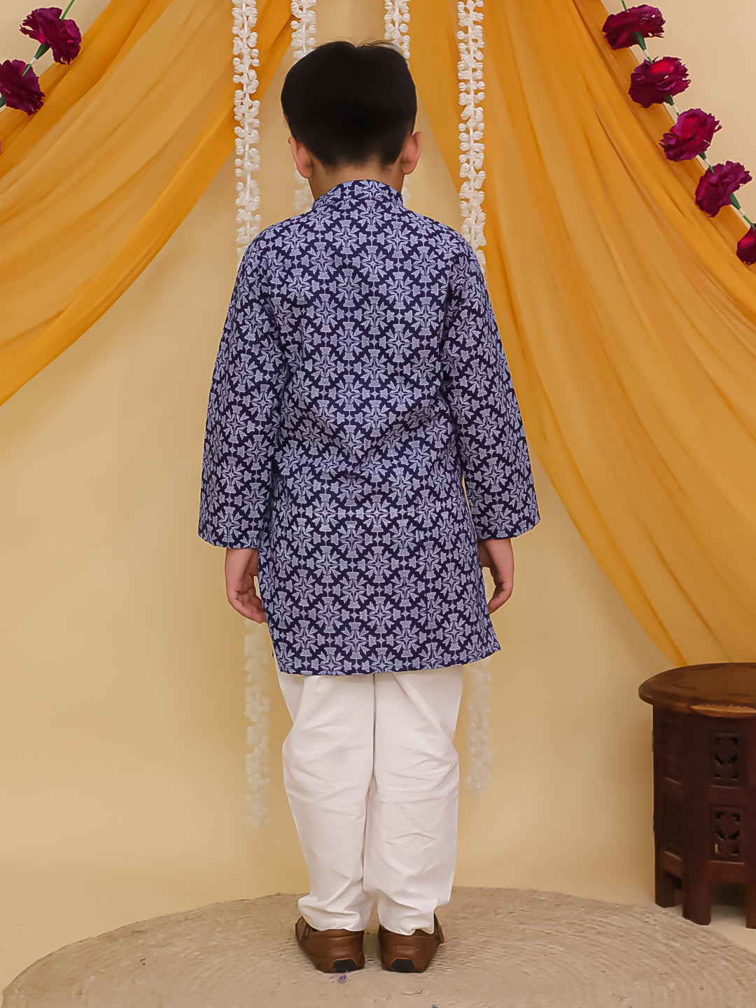 Boys Dark Blue Cotton Full sleeves Printed Kurta Pyjama Set