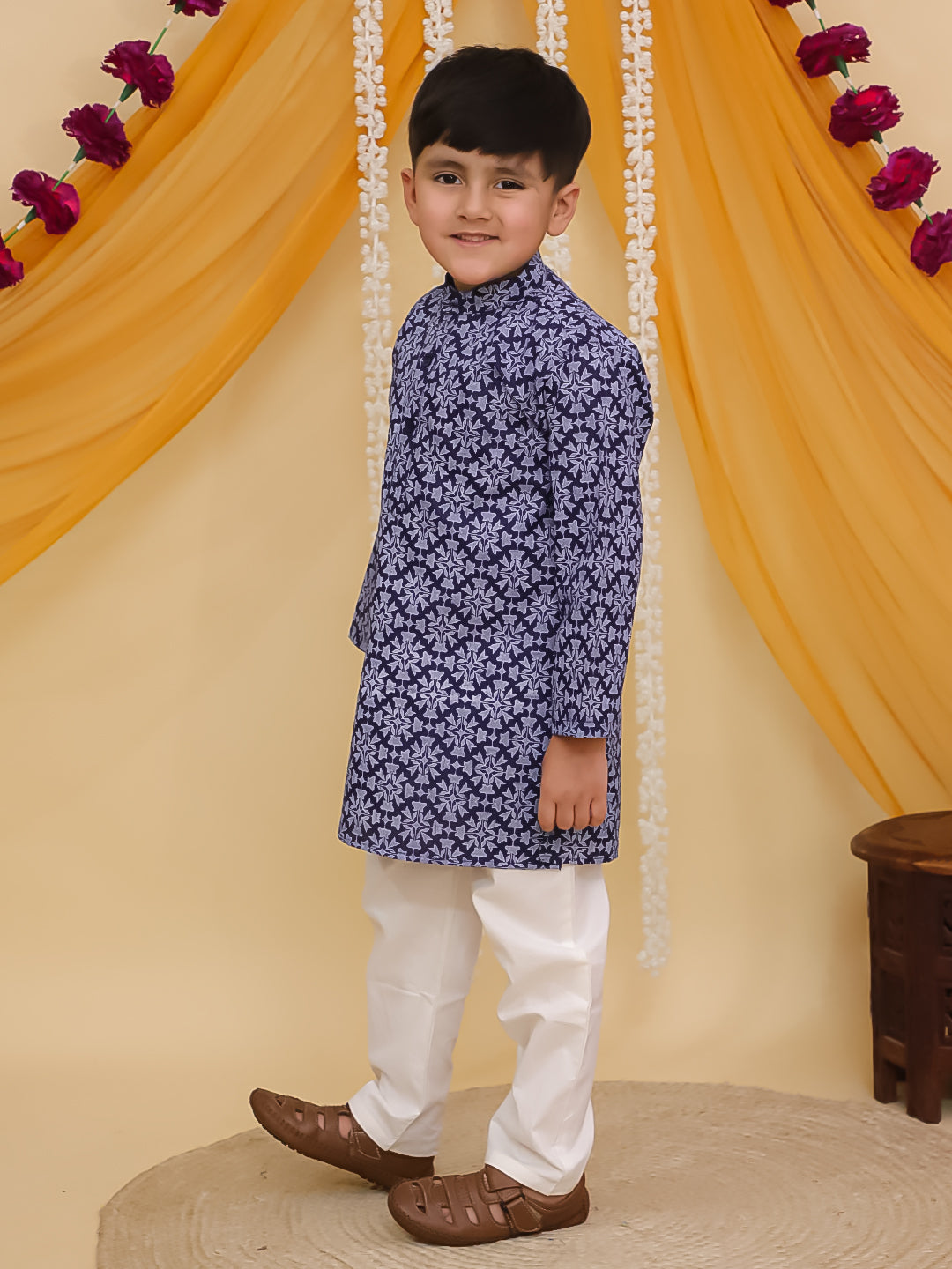 Boys Dark Blue Cotton Full sleeves Printed Kurta Pyjama Set