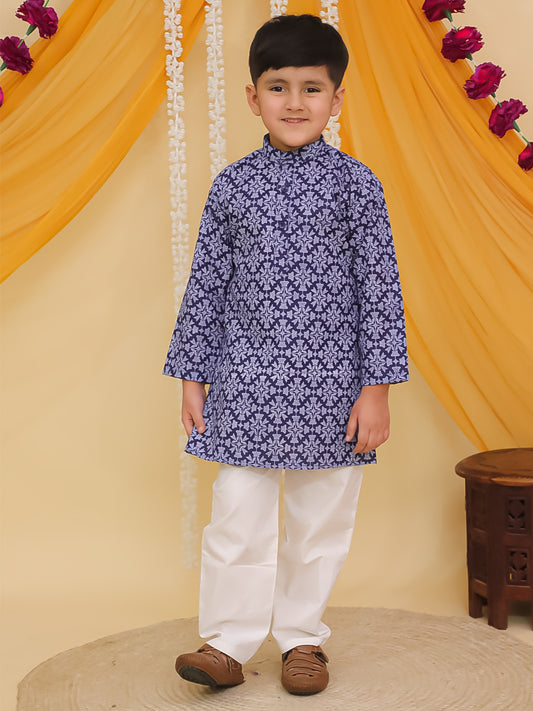 Boys Dark Blue Cotton Full sleeves Printed Kurta Pyjama Set