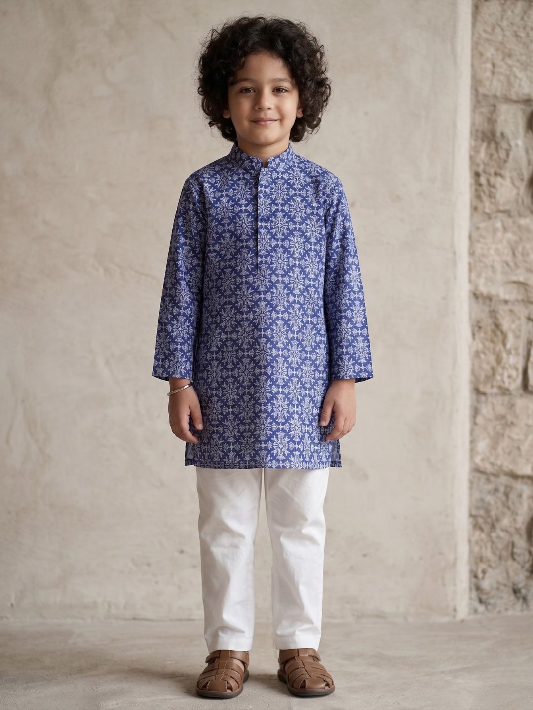 Boys Dark Blue Cotton Full sleeves Printed Kurta Pyjama Set