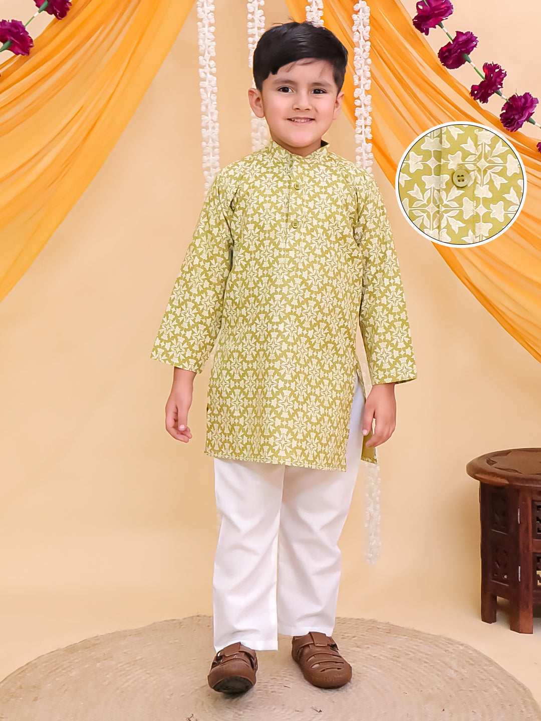 Boys Green Cotton Full sleeves Printed Kurta Pyjama Set