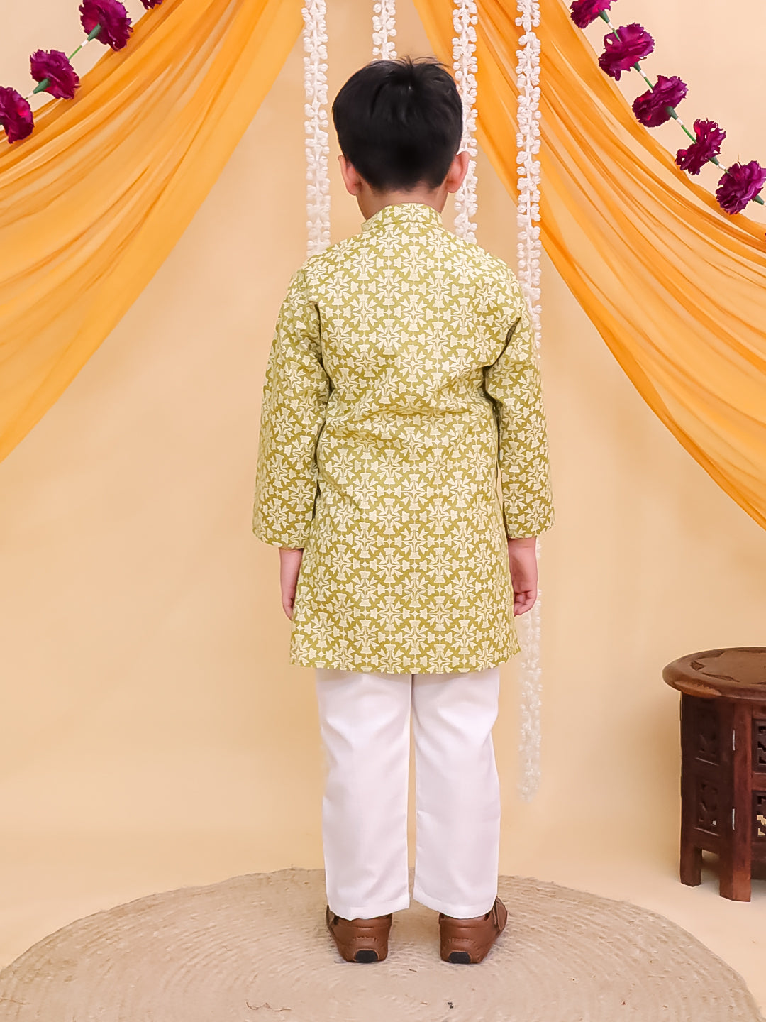 Boys Green Cotton Full sleeves Printed Kurta Pyjama Set