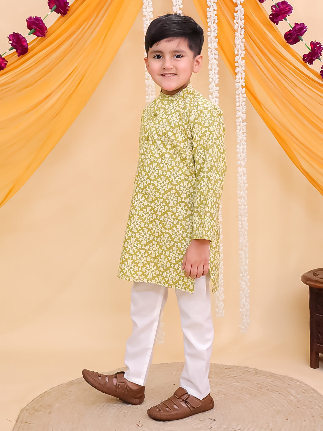 Boys Green Cotton Full sleeves Printed Kurta Pyjama Set