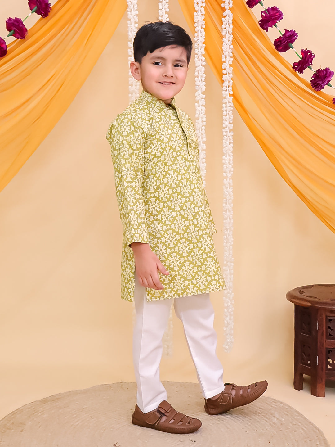 Boys Green Cotton Full sleeves Printed Kurta Pyjama Set