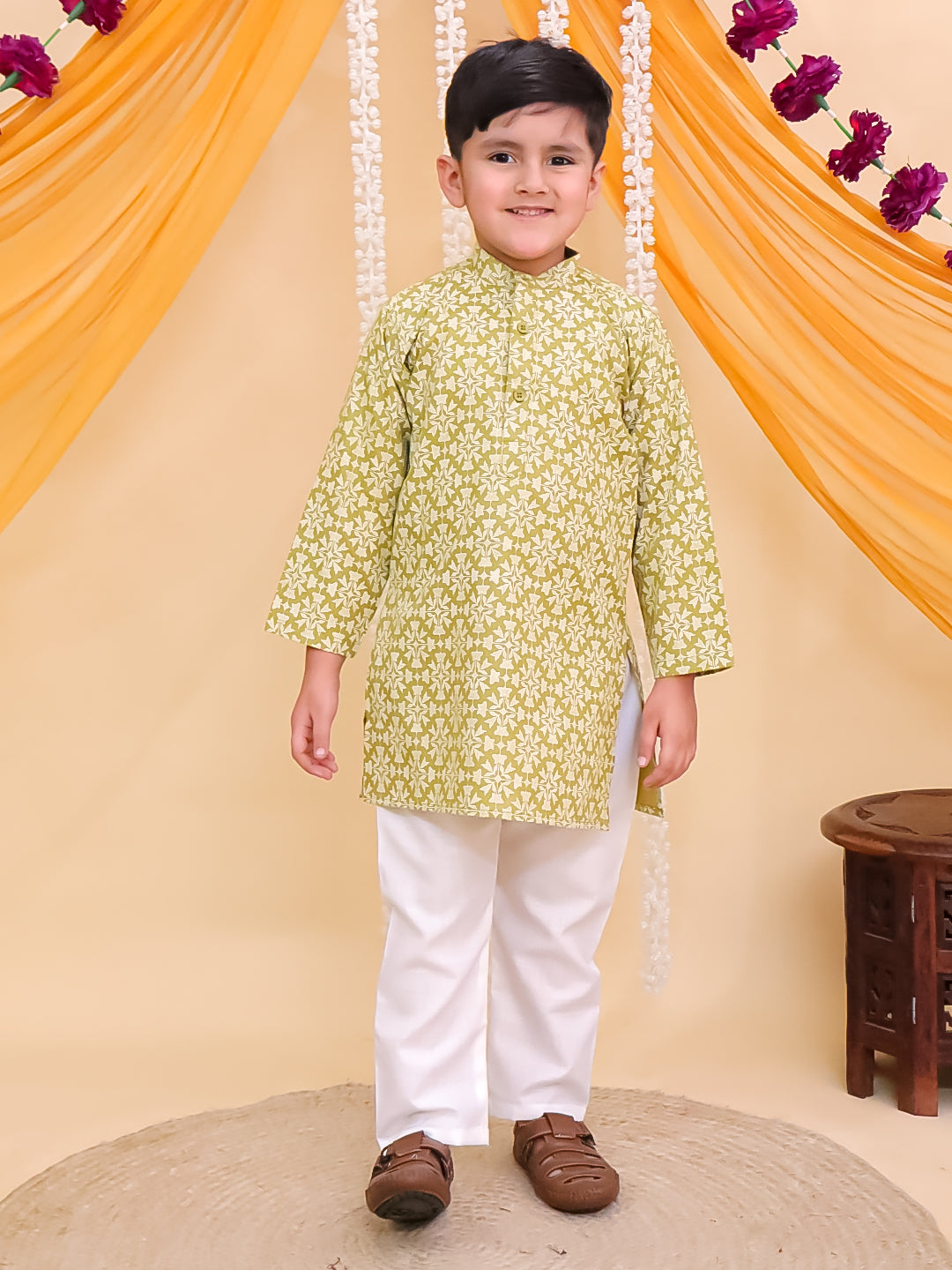 Boys Green Cotton Full sleeves Printed Kurta Pyjama Set