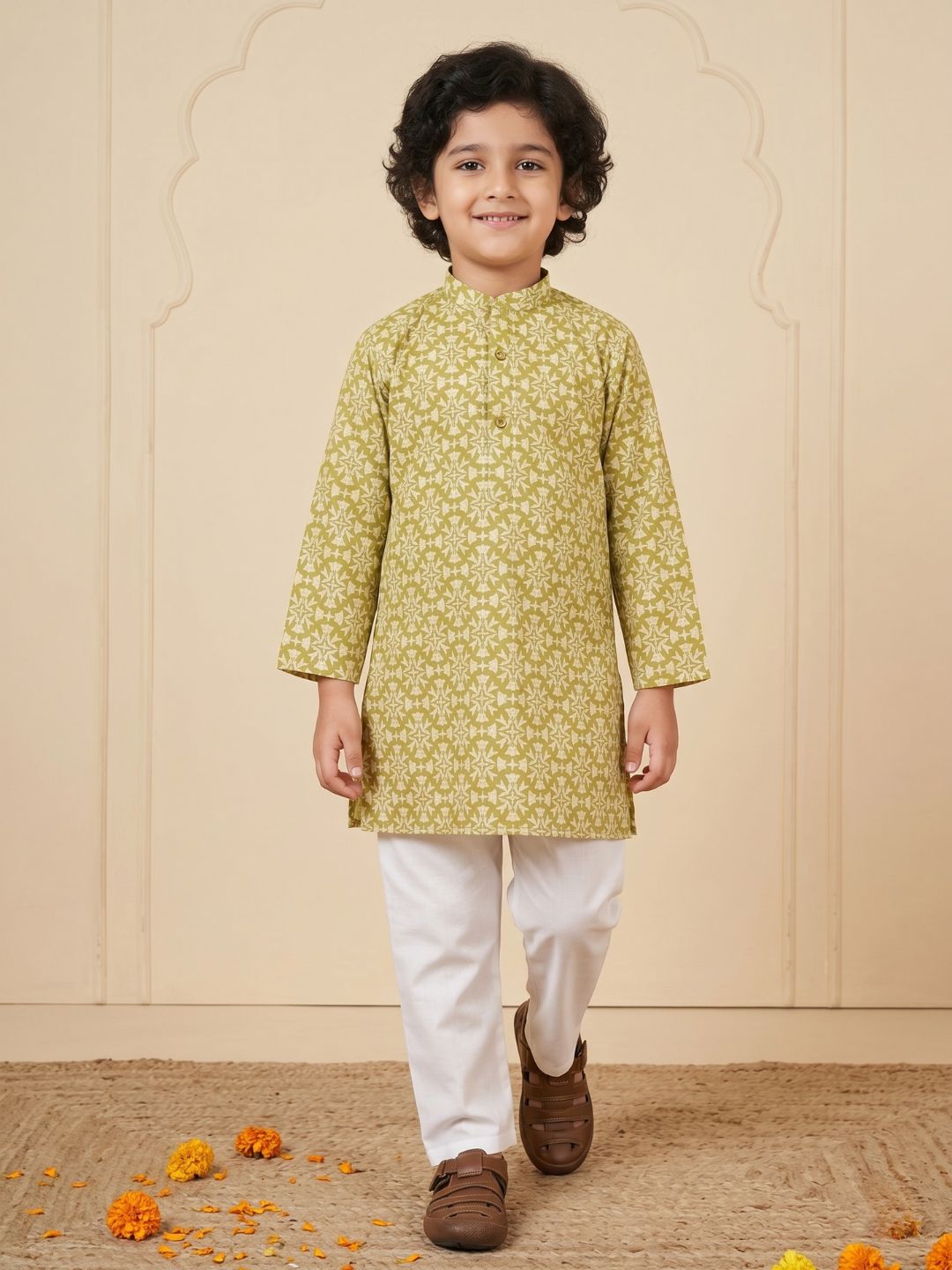 Boys Green Cotton Full sleeves Printed Kurta Pyjama Set