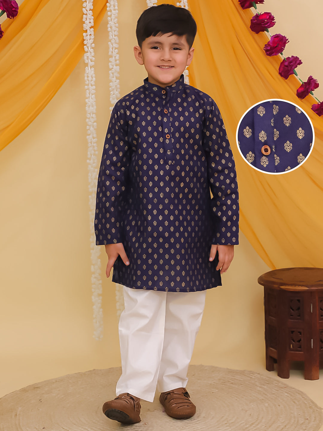 Boys Blue Cotton Full sleeves Foil Printed Kurta Pyjama Set