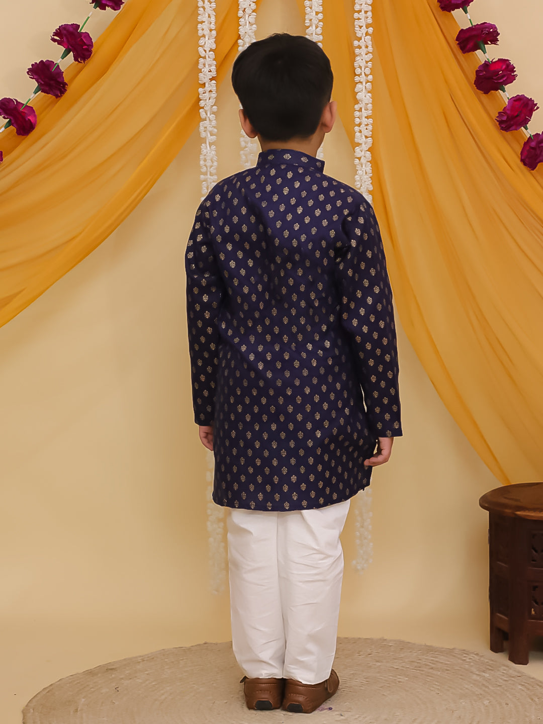 Boys Blue Cotton Full sleeves Foil Printed Kurta Pyjama Set