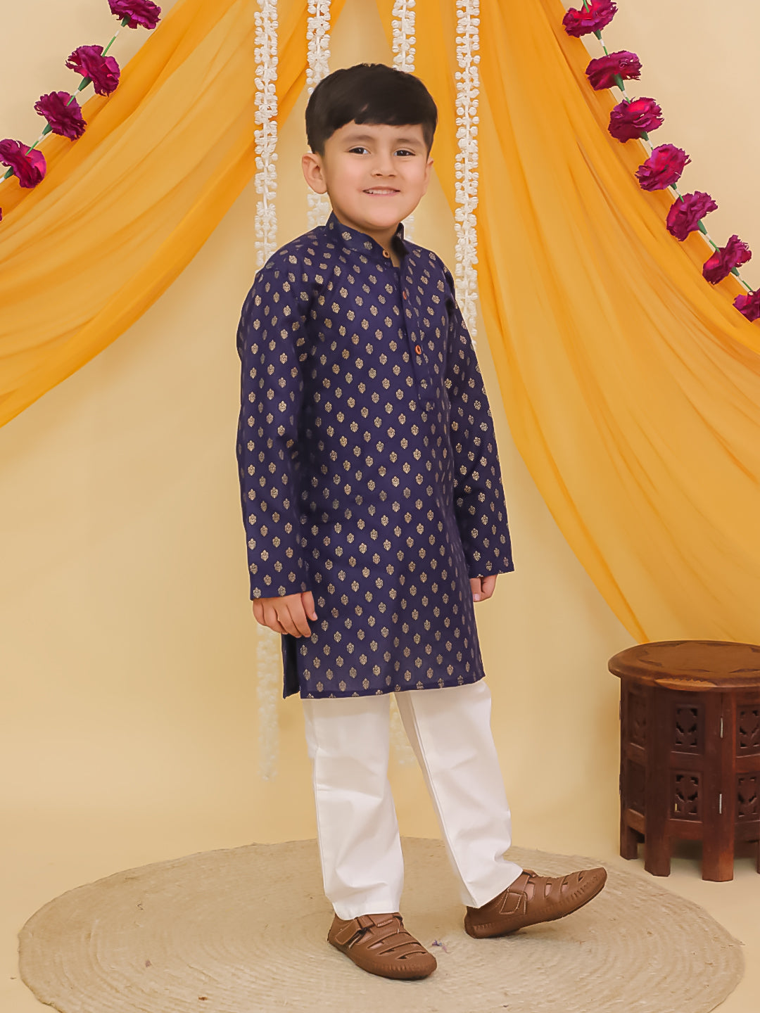 Boys Blue Cotton Full sleeves Foil Printed Kurta Pyjama Set
