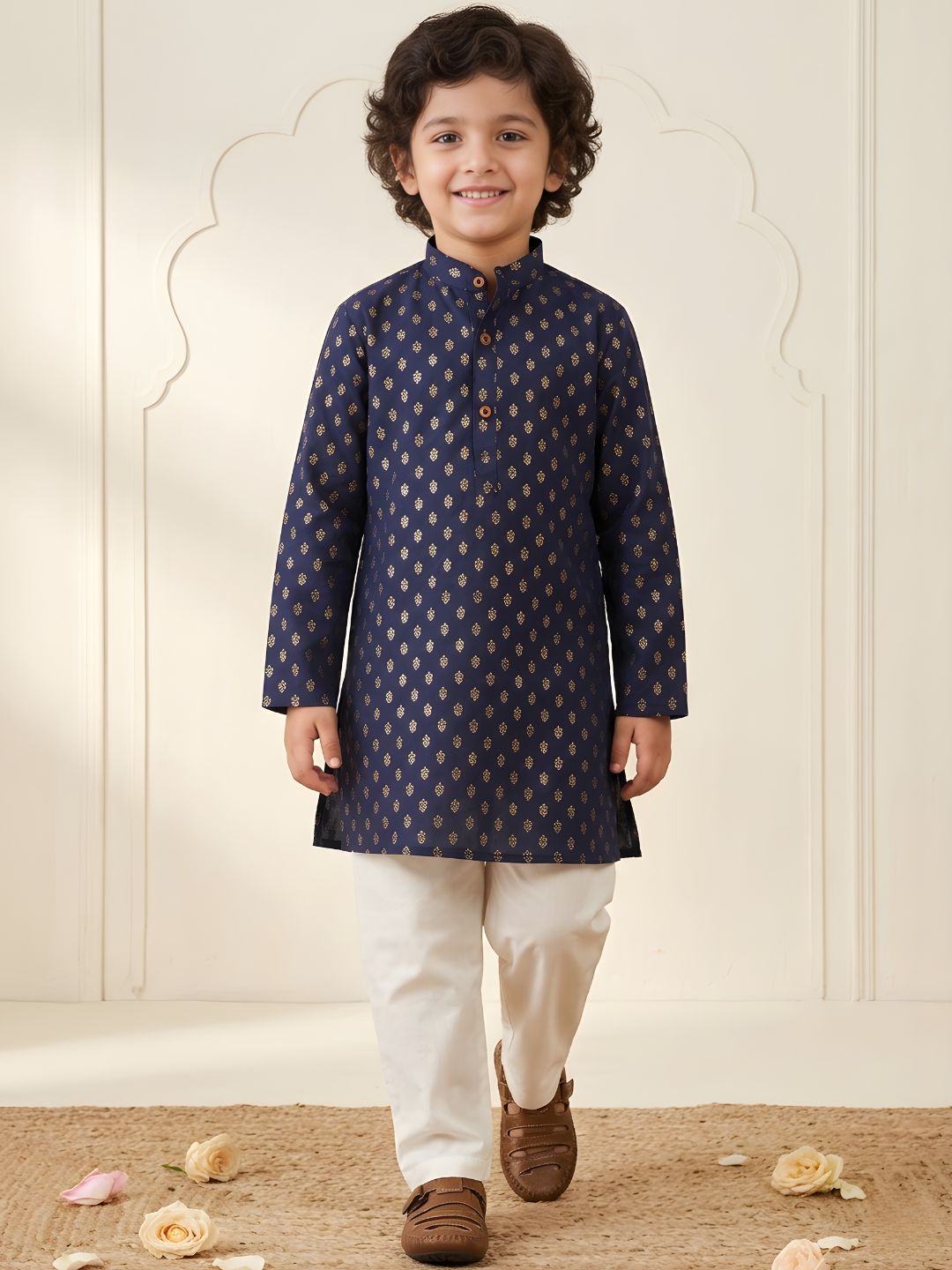 Boys Blue Cotton Full sleeves Foil Printed Kurta Pyjama Set