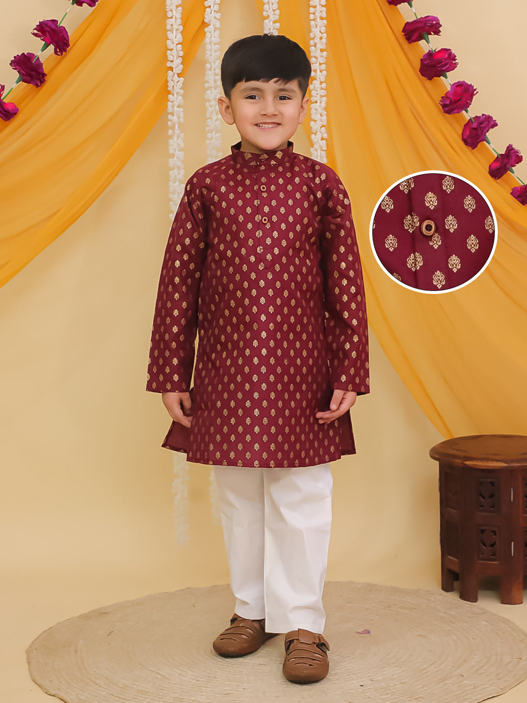 Maroon Cotton Full sleeves Foil Printed Kurta Pyjama Set