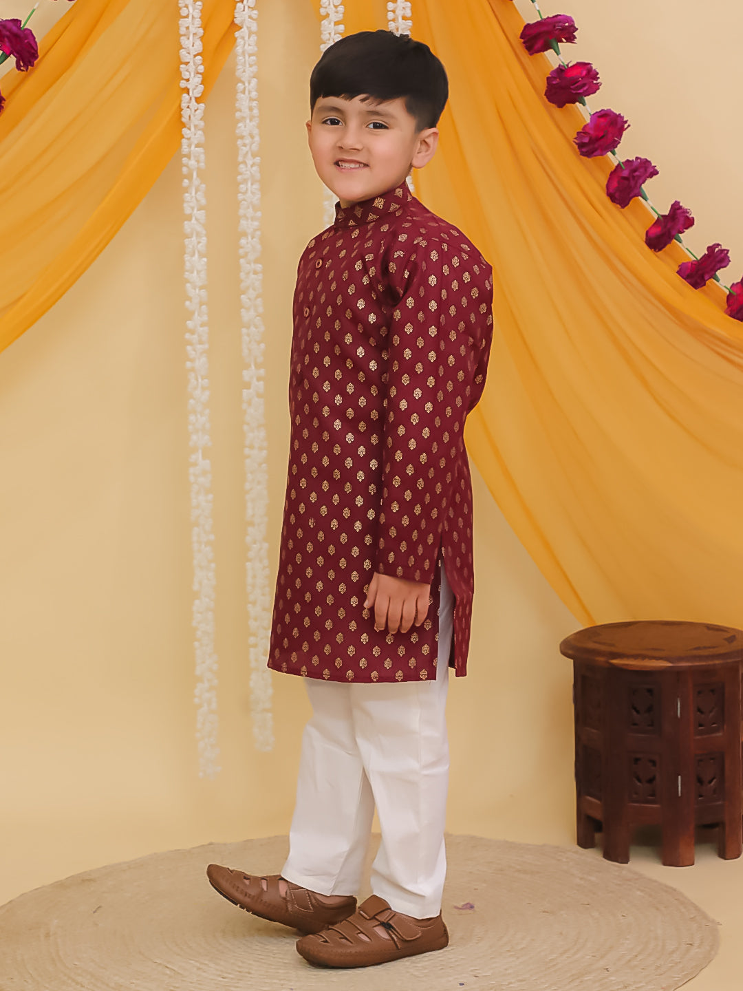 Maroon Cotton Full sleeves Foil Printed Kurta Pyjama Set