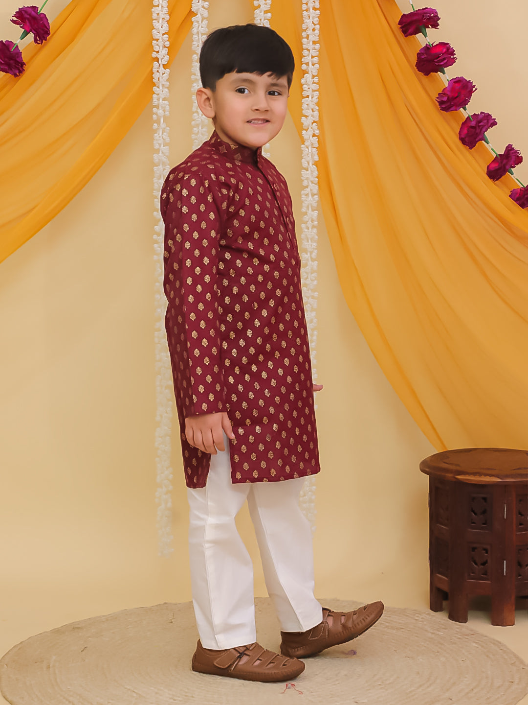 Maroon Cotton Full sleeves Foil Printed Kurta Pyjama Set